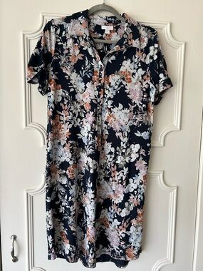 J. Jill Navy Floral Button-Front Dress with Pink and Rust Blooms